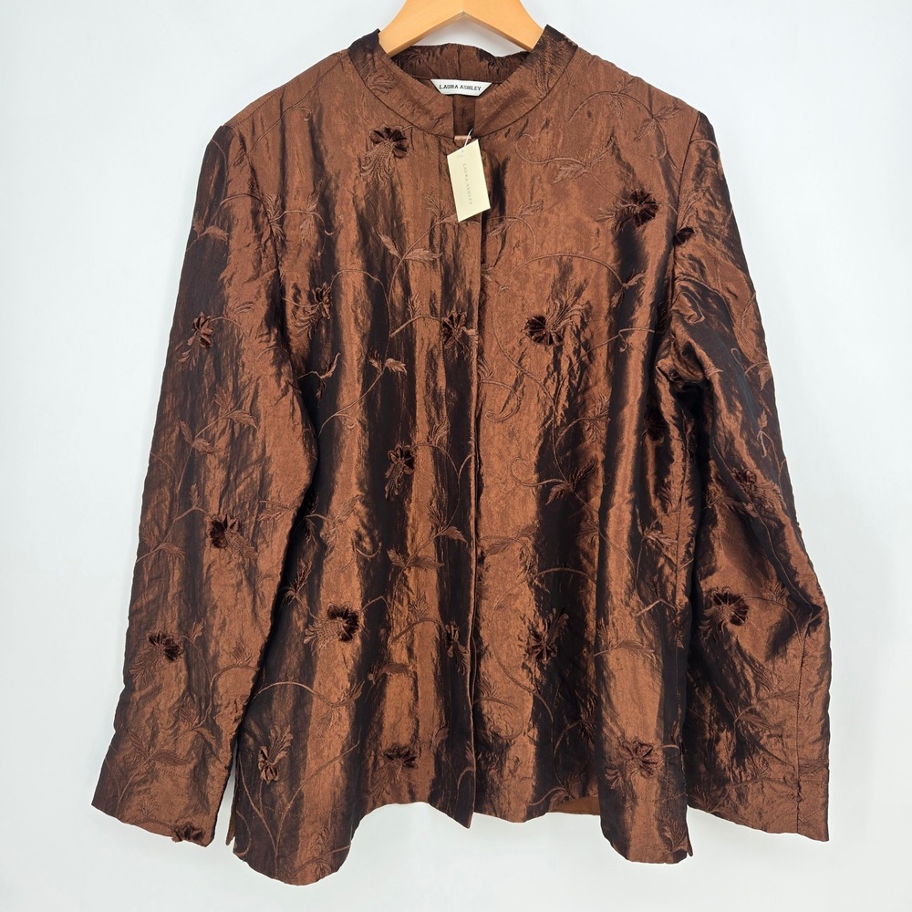 NWT Laura Ashley Womens L Brown Floral Embroidered Shimmer Light Jacket Shiny